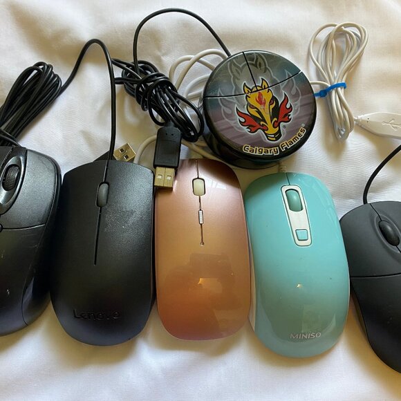 Lot of 6 Optical USB Standard Mouse Lenovo, Miniso, Amazon, Flames, Like NEW - Picture 1 of 7